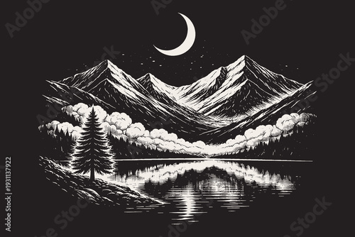 Serene mountain landscape with a pine tree and calm lake reflection, a detailed black and white vector illustration in an engraved art style.