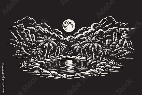 Tropical oasis with palm trees surrounding a pond under a full moon, a detailed black and white vector illustration in an engraved art style.