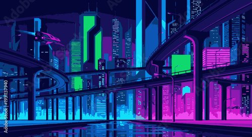 Futuristic Neon Lit Industrial Complex.