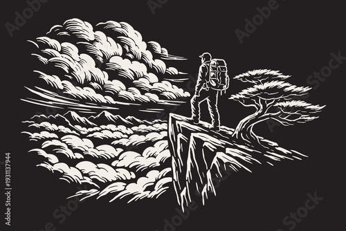 Adventurous hiker standing on a high cliff overlooking clouds, a detailed black and white vector illustration in a dramatic engraved art style.