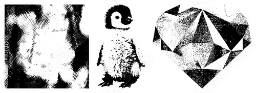 Vector penguin chick with halftone dot, isolated on transparent background, stylized heart shaped diamond with geometric facets, graphic design.