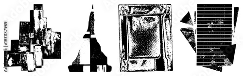 Fragmented sculptures with halftone textures, abstract architecture forms, industrial art pieces, deconstructed cubist shapes, graphic design elements.