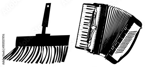Black and white vector of a broom and, clean silhouettes, graphic design elements, isolated objects, flat style illustration, cleaning tool and musical instrument.