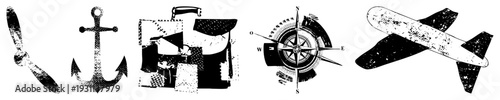 Grunge style, anchor, compass, suitcase, airplane maritime and travel symbols rendered in halftone dot, vector flat design with distressed texture.