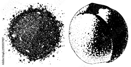 Two circular halftone textures with speckled gradients, graphic design, vector illustration, digital art, print, typographic element, visual noise.