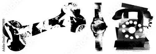 Retro telephone, wristwatch, and radio in stylized halftone vector art, classic tech, black and white graphic design, nostalgic communication symbols.