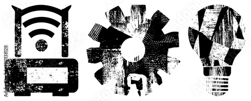 Stylized tech symbols with distressed texture wireless router, mechanical gear, illuminated bulb. Vector for digital, mechanical, and innovation themes.