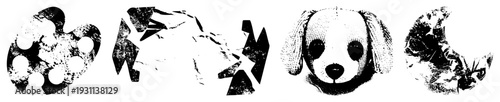 Vector illustrations of dog face, paint palette, and fragmented shapes rendered in halftone style,, graphic design elements, artistic composition.