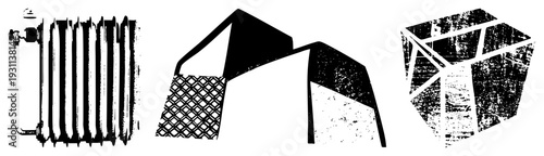 Stylized vector forms including radiator like verticals, angular arch with lattice, and fragmented cube graphic design elements with distressed texture and high contrast.