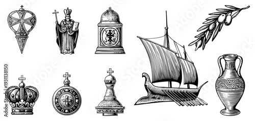 Collection of historic including crown, bishop, reliquary, Viking ship, olive branch, and amphora, rendered in engraved art style.