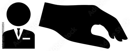 Corporate figure in suit receiving handshake, business deal symbol, professional collaboration, corporate handshake, partnership graphic.