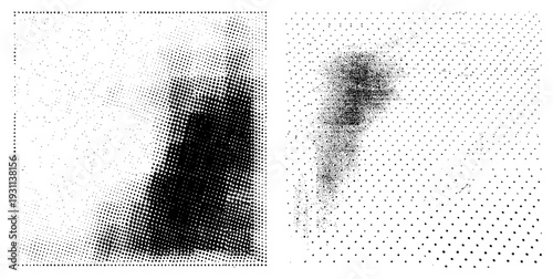 Black and white halftone graphics with gradient density, vector art, isolated shapes, dot matrix design, minimalist aesthetic.