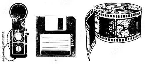 Retro computing and tools, analog camera, floppy diskette, film strip reel, 80s tech nostalgia, digital archiving symbols.