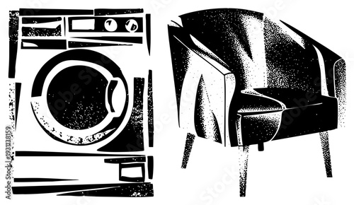 Retro laundry appliance and mid century armchair rendered in bold black and white halftone, graphic design, vector art, minimalist home decor, retro furniture.