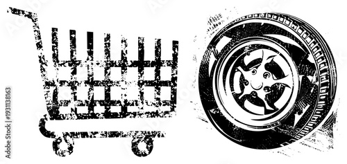 Retro shopping cart and car wheel with distressed texture, vector illustration, black and white, e commerce and automotive symbols.