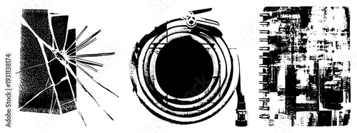 Stylized shattered glass, coiled hose with nozzle, and abstract brushstroke texture all in vector art, isolated design elements for creative use.