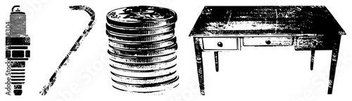 Black and white vector illustration of automotive spark plug, adjustable wrench, stacked coins, and rustic wooden desk, all rendered with gritty texture and high contrast halftone effect.