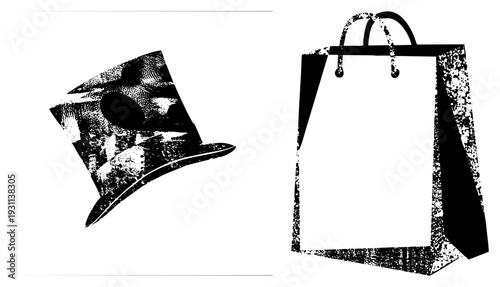 Classic top hat and paper shopping bag rendered in halftone dot, vector art, isolated retail symbols, graphic design elements.
