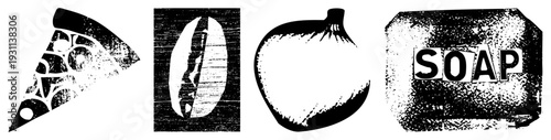 Four vector pizza slice with toppings,, onion, and soap bar labeled “SOAP,” all in distressed halftone style.