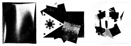 Bold black shapes with halftone grain, Philippine flag elements integrated, graphic design composition, vector art, stark contrast, modernist.