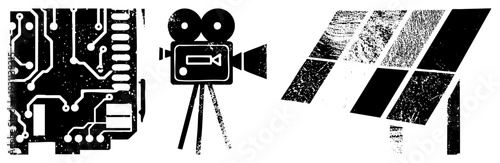 Grunge style vector of film camera, circuit board, and satellite panels. Retro tech symbols with distressed texture. Perfect for digital interfaces, UI design, or tech themed graphics.