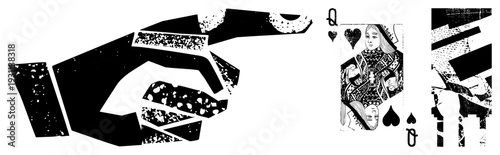 Graphic hand gesturing toward playing card, queen figure, stylized card game, vector art, black and white, textured design.