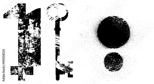 Worn key and bold number 11 with halftone dots, distressed typography, retro graphic design, vector art.