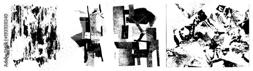 Fragmented black and white forms, halftone texture collage, graphic abstraction, vector art composition, modernist design elements.