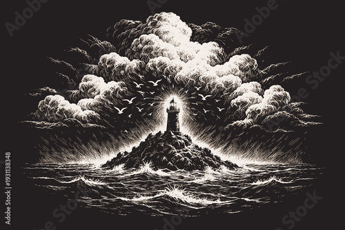 Dramatic lighthouse on a rocky island amidst stormy waves, a detailed black and white vector illustration in an artistic vintage engraving style.