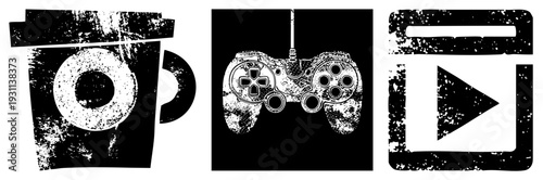 Distressed black and white vector coffee mug, retro gamepad, play symbol, gritty texture, digital, gaming culture, beverage symbol.