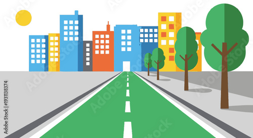 Green Road Leading to City Buildings.