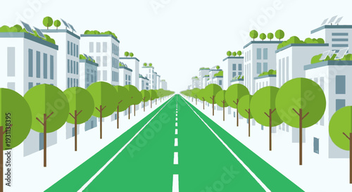Green Road with Trees and Buildings.