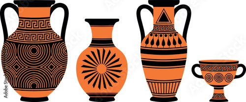 Ancient Greek pottery set with amphora, vase and decorative ceramic cup, traditional black and orange ornament vector illustration isolated