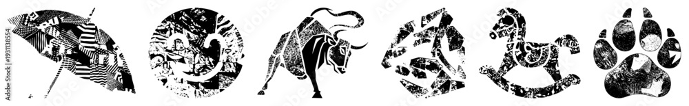 Naklejka premium Stylized animal forms rendered as fragmented halftone shapes, black and white vector art, graphic design elements, modern illustration, creatures, artistic abstraction.