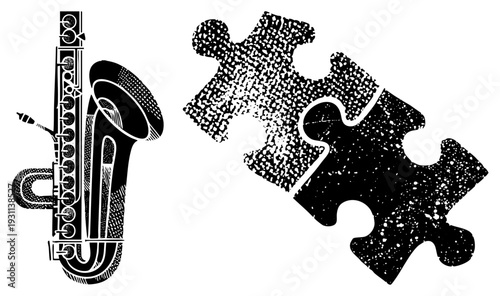 Stylized trumpet illustration with intricate halftone, paired with textured puzzle pieces, vector art, graphic design element.