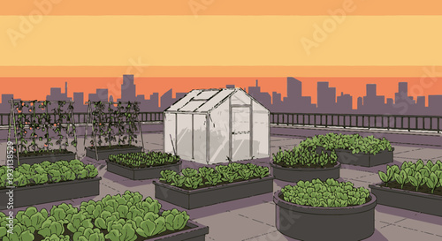 Greenhouse and plants on rooftop garden.