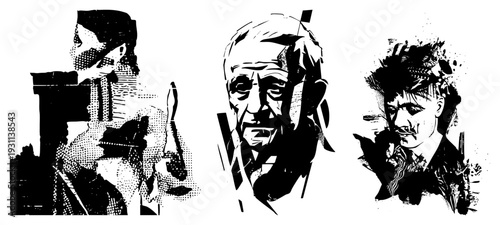 Bold black and white male portraits with halftone & geometric. Textured backgrounds. Ideal for or retro design.