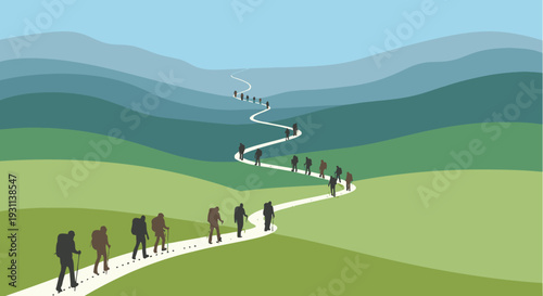 Group of Hikers Walking on Trail.