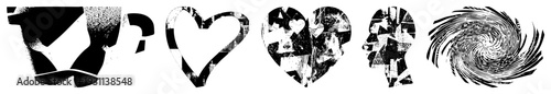 Stylized vector with fragmented forms, halftone, bold cup, heart, head, spiral. Gritty texture. Modern/digital design.