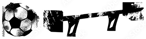 Distressed black and white soccer ball with hexagonal panels, rustic log cutter tool, gritty texture, vector graphic, isolated elements, halftone effect.