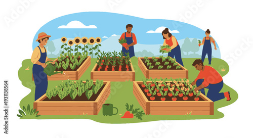 Group of People Gardening Together in Raised Beds.