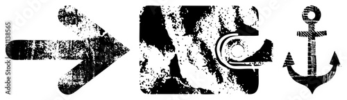 Distressed black and white maritime symbols, nautical navigation, vintage sea chart elements, rough texture design, vector graphic set.