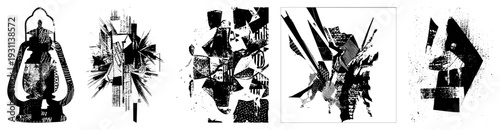 Fragmented geometric forms, halftone textures, bold black shapes, abstract composition, modern graphic design, stylized vector.