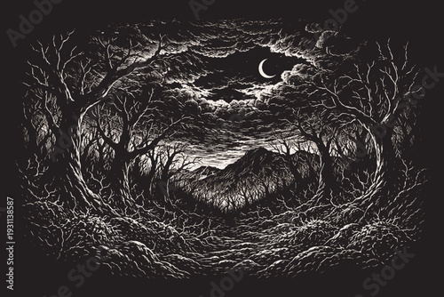Dark and mysterious forest scene with twisted trees, a detailed black and white vector illustration in an engraved style perfect for gothic art.