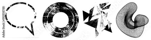 Distorted speech bubble, concentric circle, angular arrows, and curved wireframe form. Graphic elements with distressed texture,, stylized geometry.