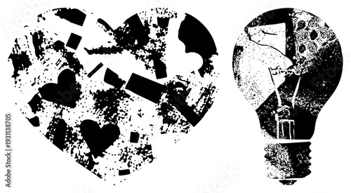 Fragmented heart puzzle with scattered pieces, lightbulb containing gears and spirals, conceptual design, black and white vector art, creative thinking symbol.