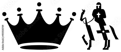 Crown and knight vector, regal emblem, symbol, chivalric figure, design, flat graphic, black silhouette.