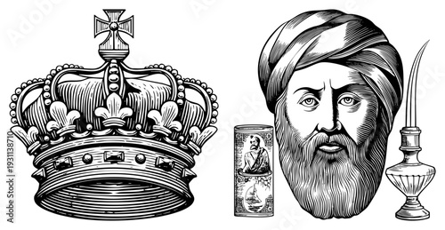 Ornate crown with fleur de lis and, Ottoman scholar with turban, vintage oil lamp, engraved cylinder, engraved portrait, historical illustration, black and white art.