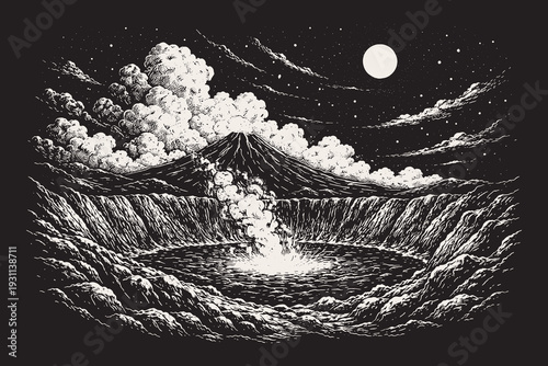 Volcanic crater landscape under a full moon, a dramatic black and white vector illustration in an engraved style showing a smoking volcano at night.