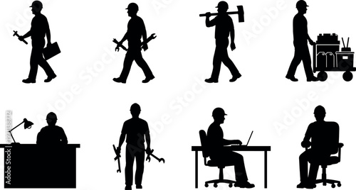 Construction and maintenance worker silhouettes set with tools, engineer at desk and technician with laptop, industrial labor vector illustration isolated on white background
